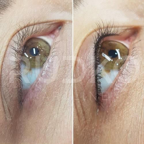 Delicate permanent makeup eyelash enhancement for a doubting client